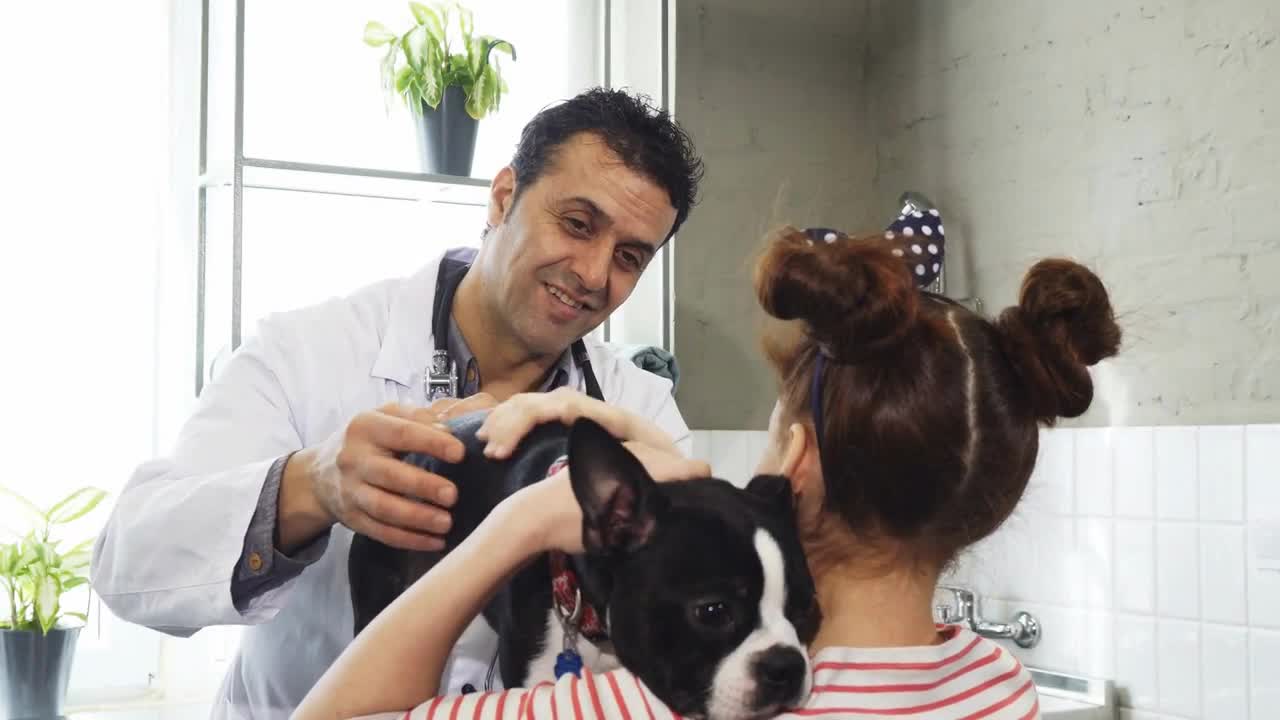 Cheerful mature male veterinarian talking to a little girl while examining her dog