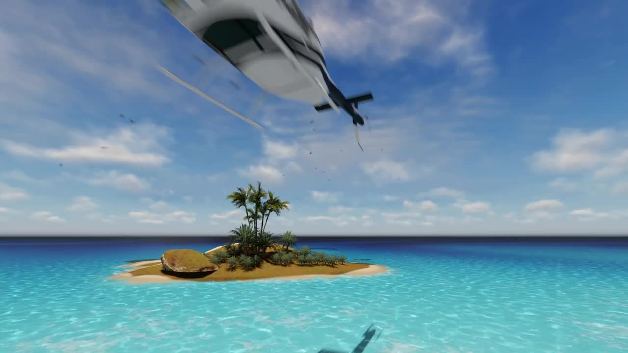 Helicopter flying over a small island
