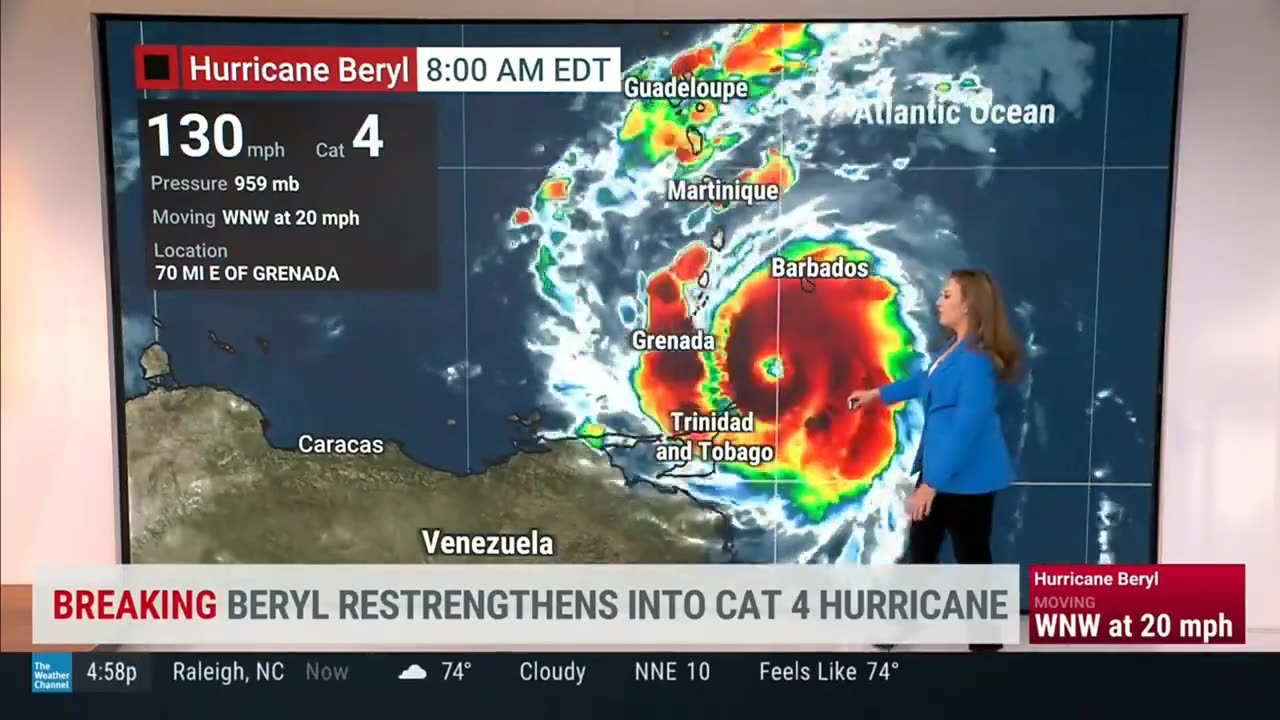 Major Hurricane Beryl weakened overnight to a Category 3 hurricane. Now back to a Cat 4