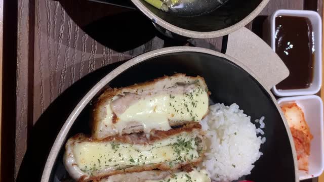 Today's lunch is cheese pork cutlet and udon set