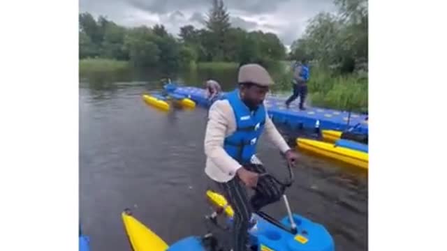 Man's first time on a water bike