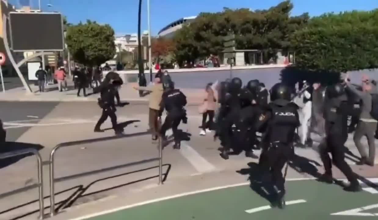 Cadiz, Spain. Riot Squad Hit Elderly Unarmed Man With A Baton