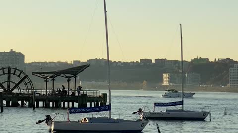 Helicopter landing over Hudson River