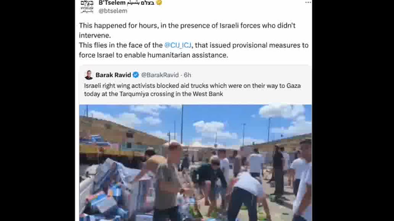 Israeli terrorists settlers destroying food AID to Palestinians