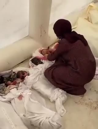 Gaza: October 2023 - Palestinian woman paint silicon babies with blood to look like dead children