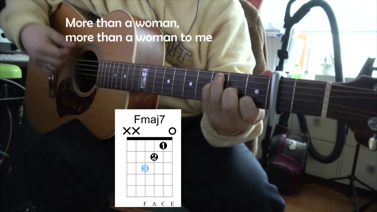 More than a woman - Bee Gees, guitar strumming, chord diagram, lyrics