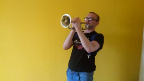 The guy plays the trumpet for the first time