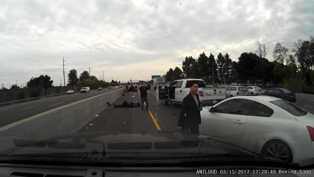 Motorcycle Merges into Median