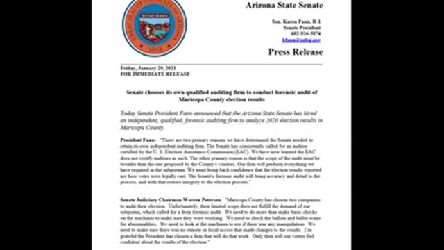 Press release Jan 29 - Az.State Legislature has made their DEMANDS Clear to the Maricopa Supervisors