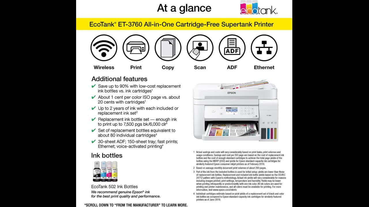 Review: Epson EcoTank ET-3760 Wireless Color All-in-One Cartridge-Free Supertank Printer with S...