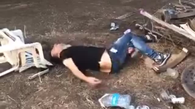 Man jumps from deck onto chair and breaks it