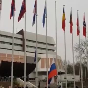 Russian Flag being lowered from the Council of Europe in Strasbourg