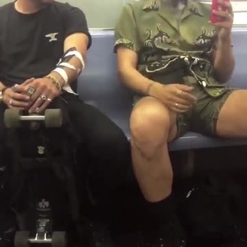 Makeup by grindmichel guy with green shirt horns makeup subway train