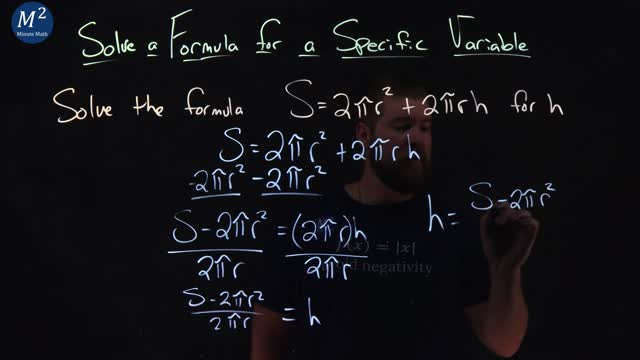 Solve S=2(pi)r^2+2(pi)rh for h | Solve a Formula for a Specific Variable | Minute Math