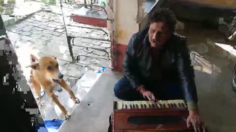 Dog singing with master