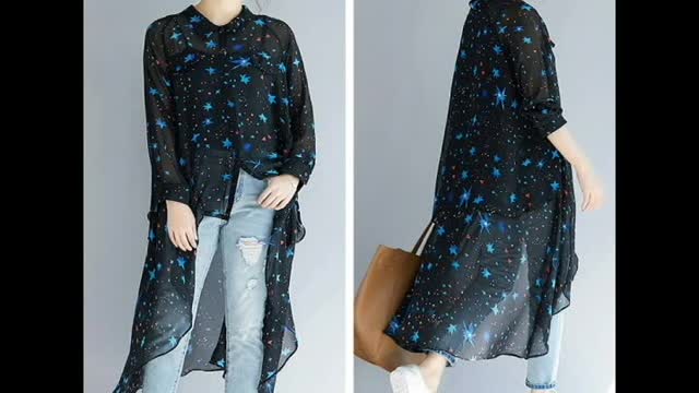 Plus Size Women Blouse Lady Tops Shirt Long Sleeve Print Stars Black Elegant Female Clothes