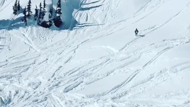 Guy jumps his snowmobile over snow hill and falls off forward