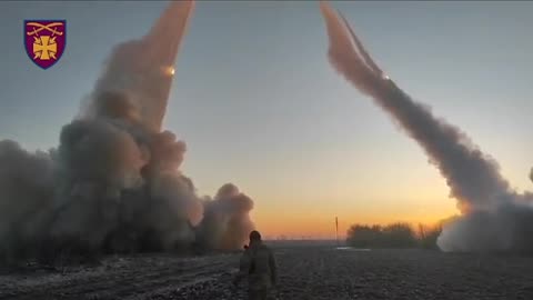 Intense barrage of 122mm Grad rockets being fired at Russian positions