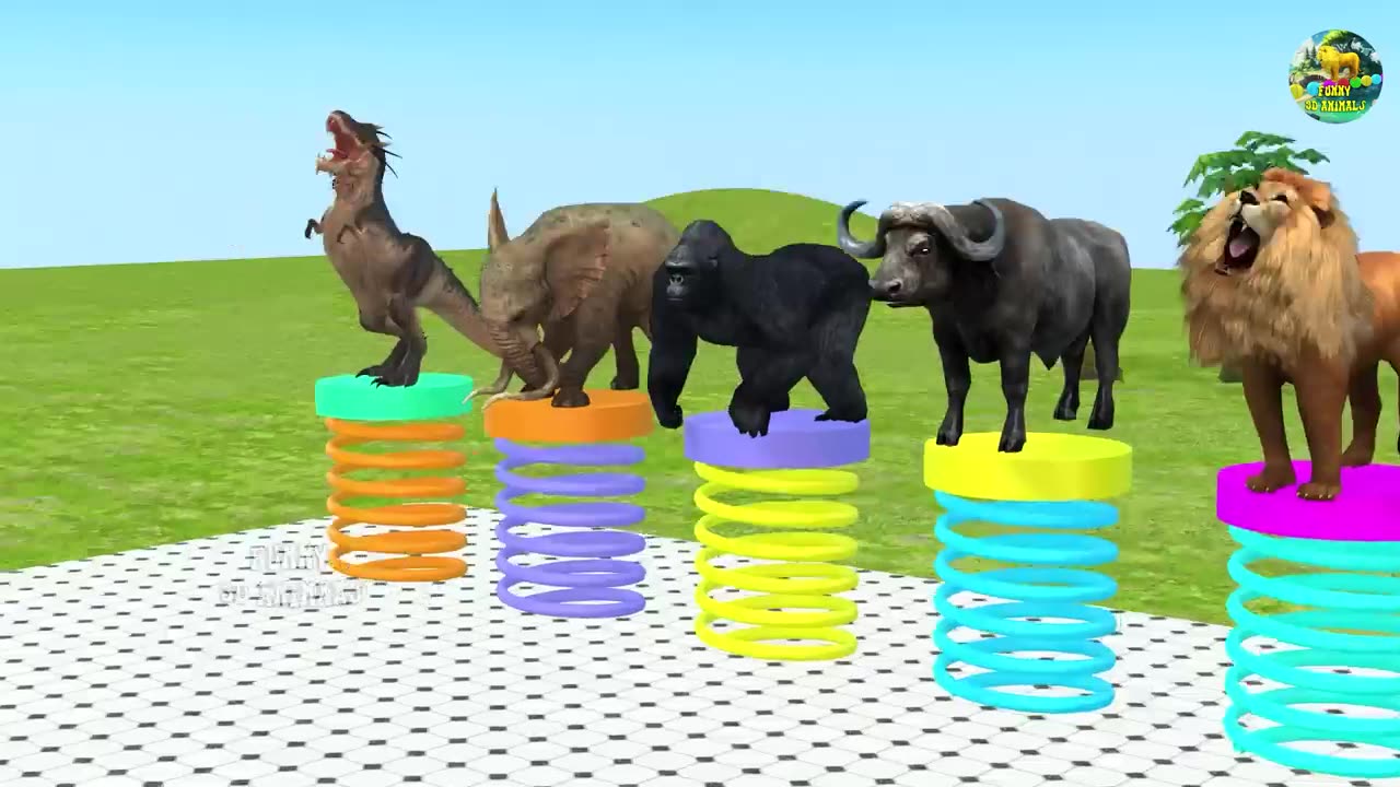 Guess The Right Button Game With Elephant Gorilla Buffalo T-rex Lion - Wild Animals Ball Game.mp4