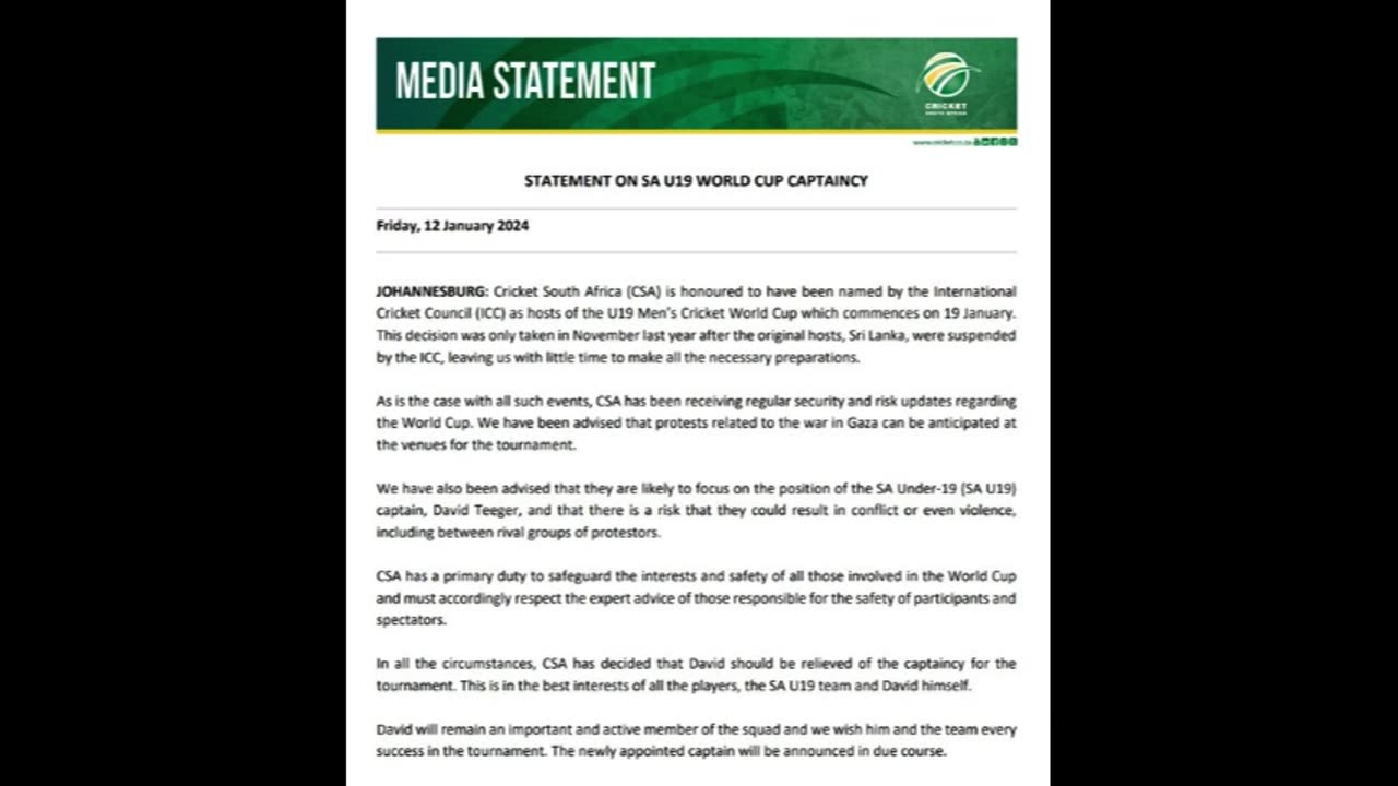 The South African Cricket Board removed the captain for supporting Israel