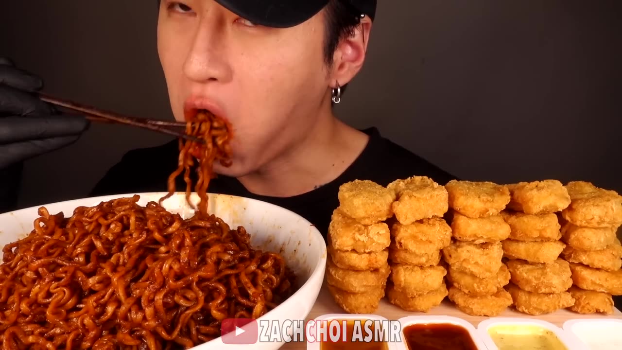 ASMR MUKBANG BLACK BEAN FIRE NOODLES & CHICKEN NUGGETS (No Talking) EATING SOUNDS