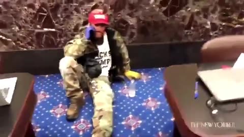 Qanon Shaman Strolls through the Senate Chamber