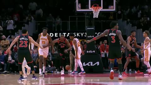 Trae Young waves goodbye to Raptors bench after alley oop to AJ Griffin for game winner