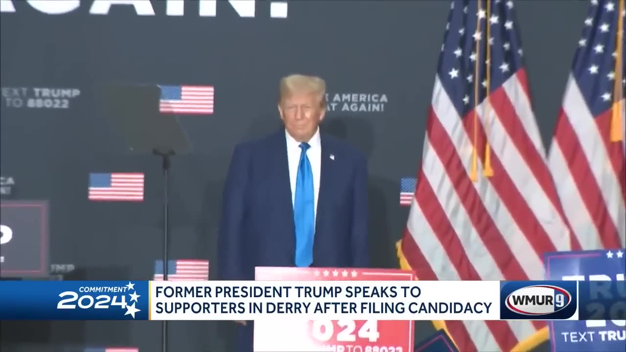 Former president Trump speaks to supporters after filing for NH primary