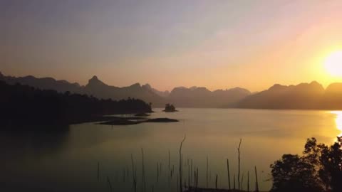 Landscape of a large lake during sunset from the air