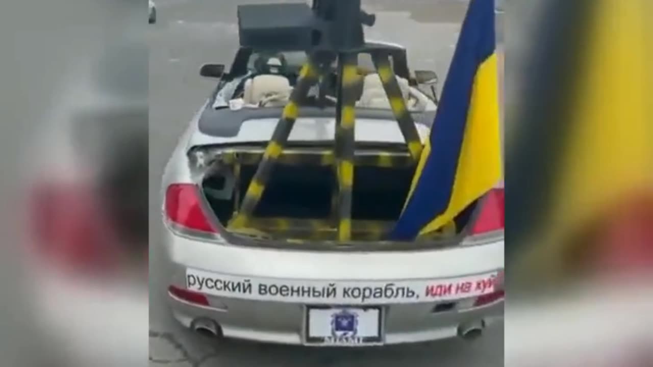 Ukraine Russia War BMW Convertible Sports Car turned into War Machine Machine Gun Added