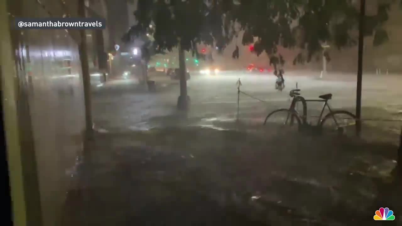 Flooded street's subways and waterfalls during tropical storm henr