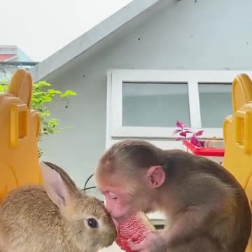Monkey and Rabbit enjoying Watermelon