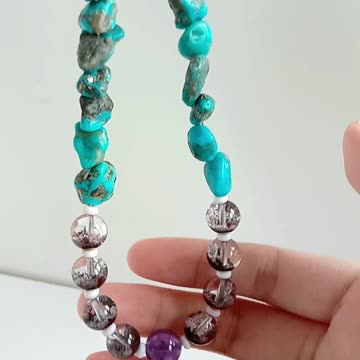 Turquoise with Red sakura onyx pendant and faceted Garnet beads with Calcite necklace 20231024-02-08