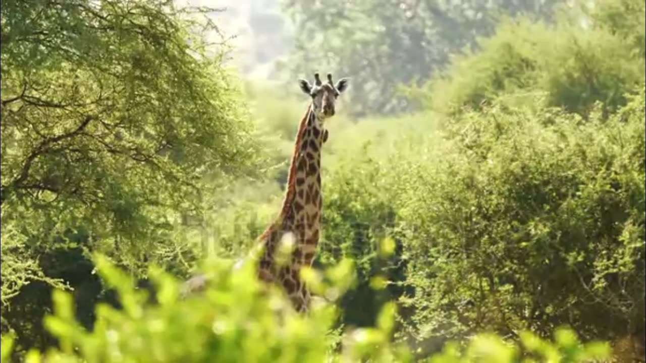 Giraffe Standing In Grassland Surrounded By Tree Bushes, South Africa