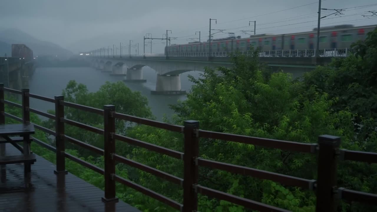 A railroad bridge wet with rain, a train running through the rain.