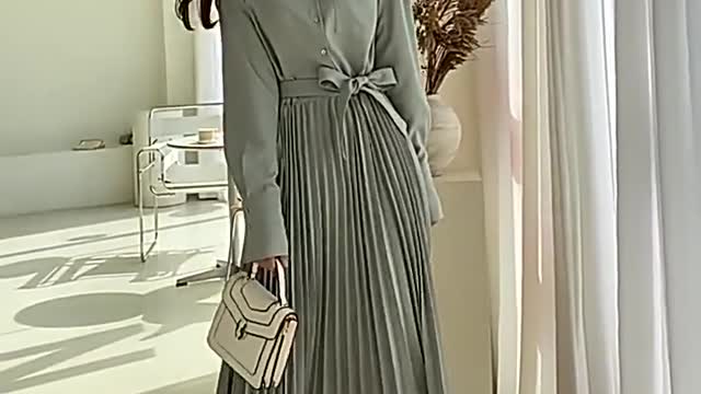 Fashion Women Shirt Dress Spring Long Sleeve Solid Pleated Dress 2021