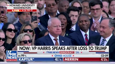 Doug Emhoff and Tim Walz were seen in tears as Kamala Harris delivered her concession speech.