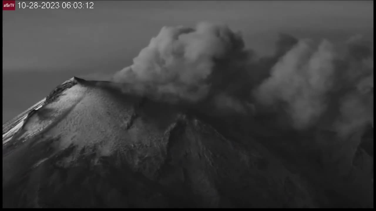 Oct 28 2023: Popocatepetl “noir” ash plume timelapse, snowy summit, sunrise birds