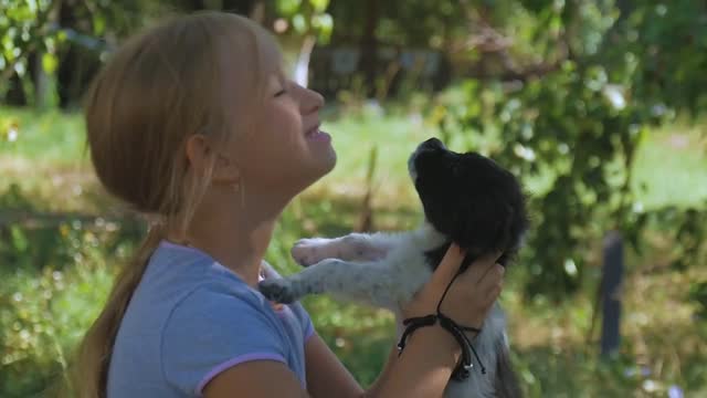 Little girl with a puppy in garden. A puppy in the hands of a girl