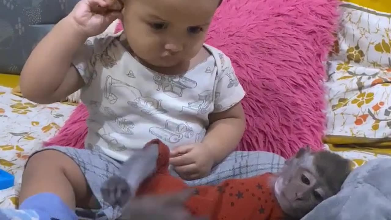 Baby and Monkey Interaction: Create a cute and funny video of a baby and a monkey