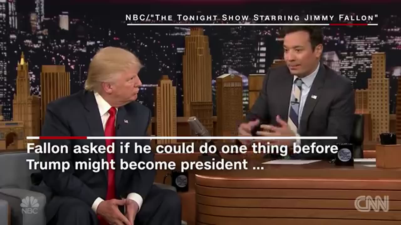 Donald trump let's jimmy Fallon mess up his hair