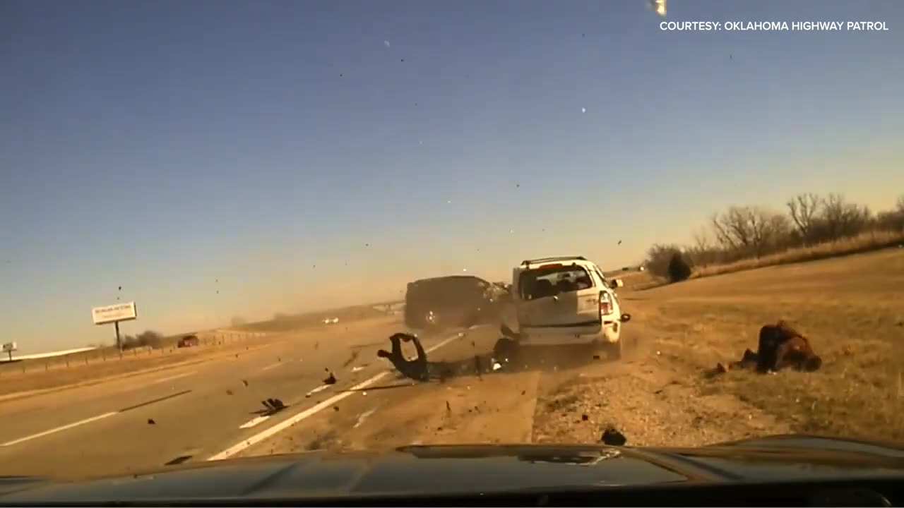 car crashing into Oklahoma state trooper during traffic stop