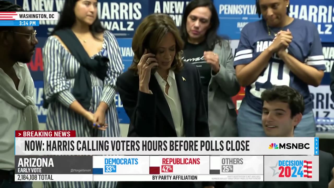 Kamala Harris makes calls at a phone bank hours before polls close in DC