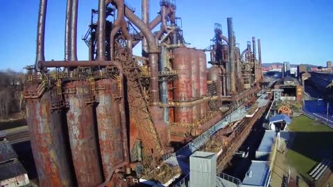 Flyimg my drone over the former Bethlehem Steel blast furnaces.