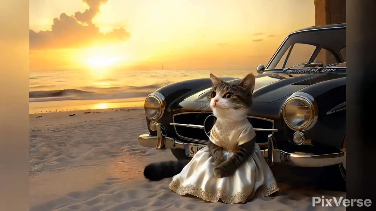 Cat Drives a Classic Car to the Beach and Back to the Mansion