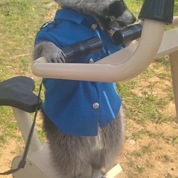 Raccoon tries to stretch his short legs to ride a bike in the park