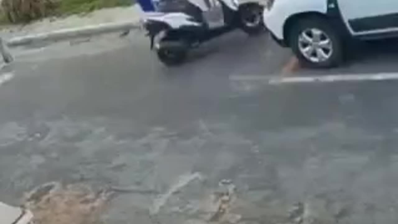 chicks fall over on electric scooter man helping them drives scooter into water