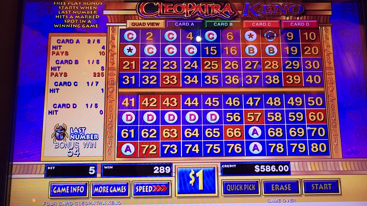 4th win on Cleopatra Keno