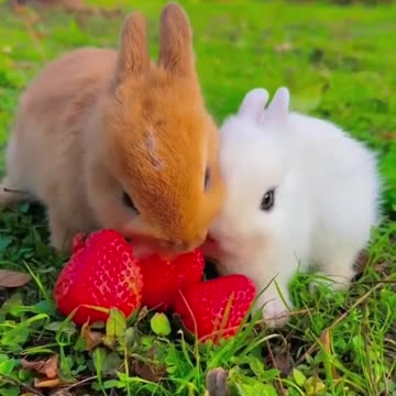 cute rabbits eating strabery