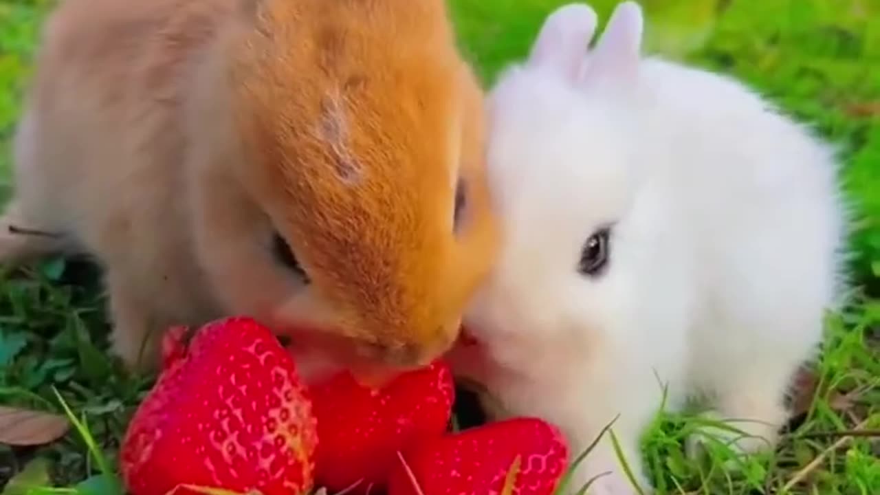 cute rabbits eating strabery